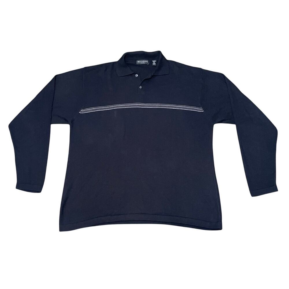Brandini Size XL Men Black Stripe Long Sleeve 2 Button Polo Lightweight Sweater